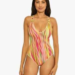 Becca Awaken One Piece Swimsuit Sparkly Shimmer Stripes Small